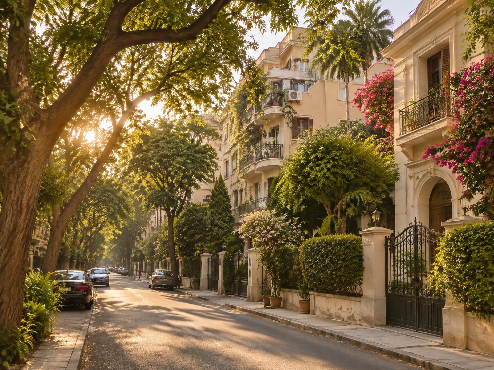 Tree-lined residential street in Maadi, Cairo at golden hour